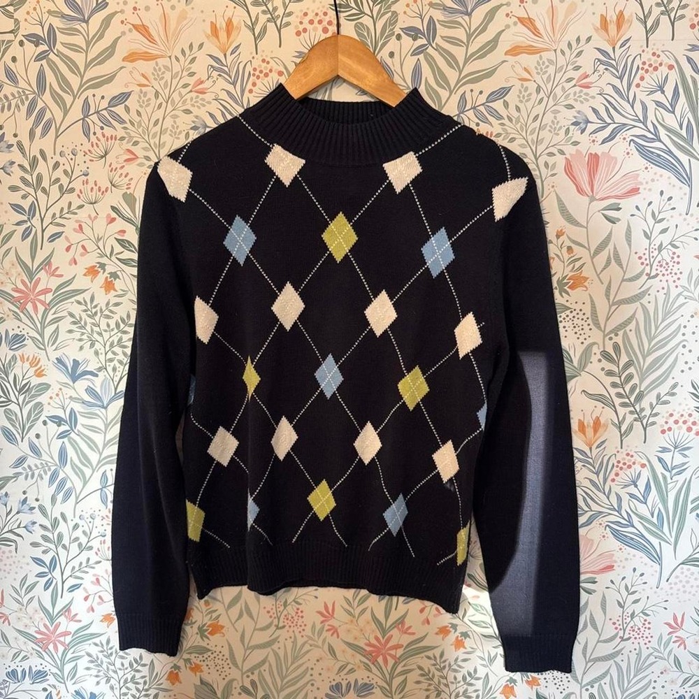 Vintage Preppy Argyle Mock Neck Sweater Navy Blue Chartreuse